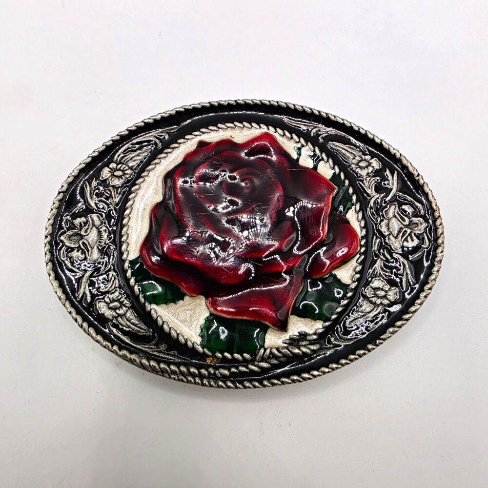 Vintage Siskiyou C-5 Red Rose Belt Buckle 1991 Pewter Floral Western